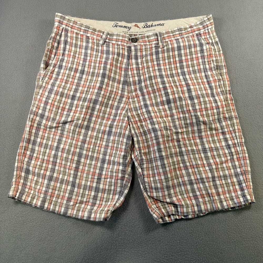 Tommy Bahama Mens 36 Plaid Linen Tencel Shorts Orange Grey Flat Front Casual 38W